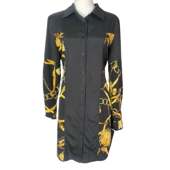 SHEIN Chain Print Long Sleeve Button Front Shirt Dress - Picture 1 of 6